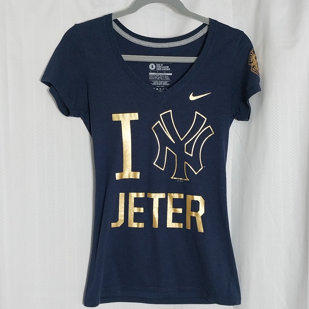 Nike Derek Jeter New York Yankees MLB Navy Blue Gold V-neck Slim Fit T-shirt S